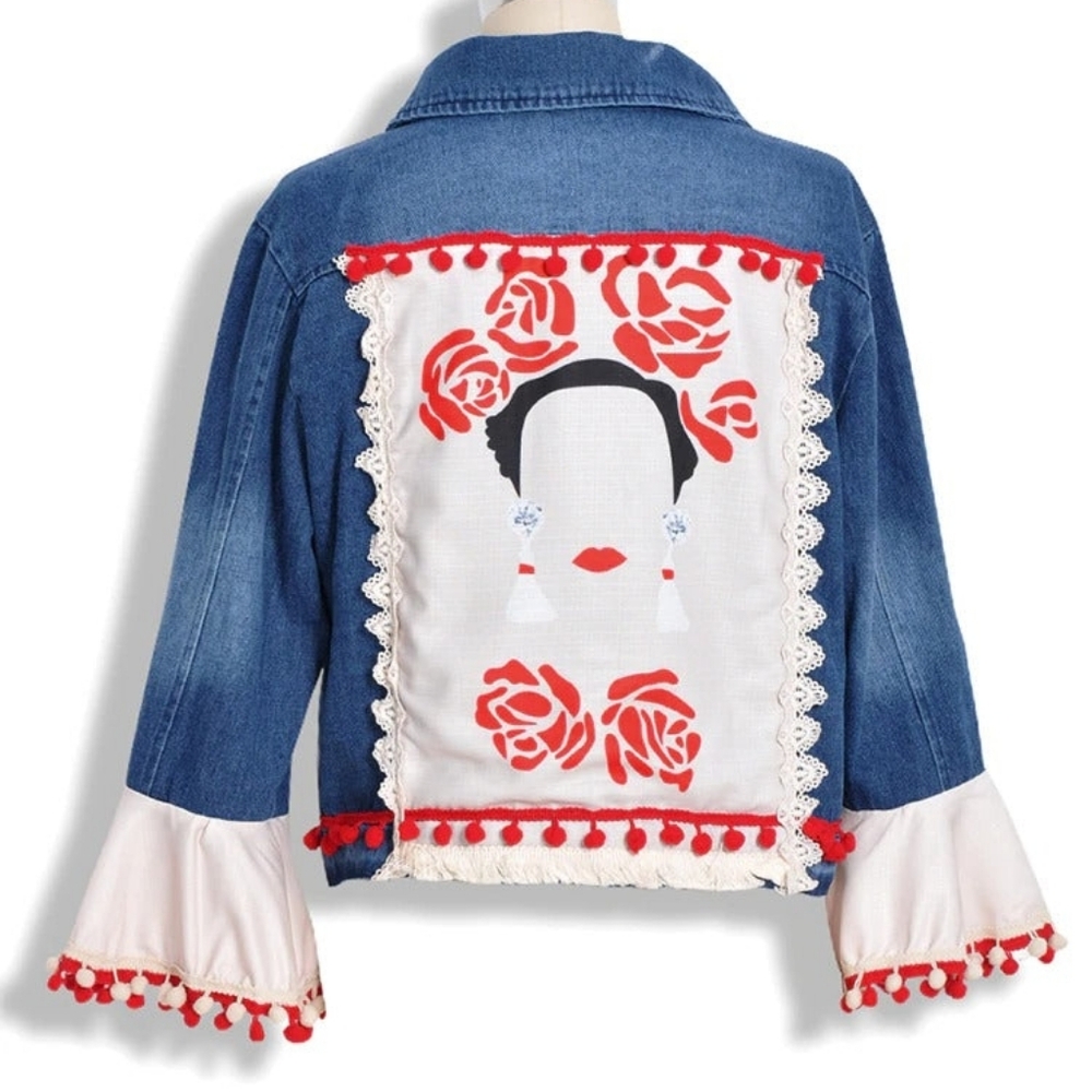 Handmade Frida Kahlo Art with Red/White Pom-poms And Fringe, Size L